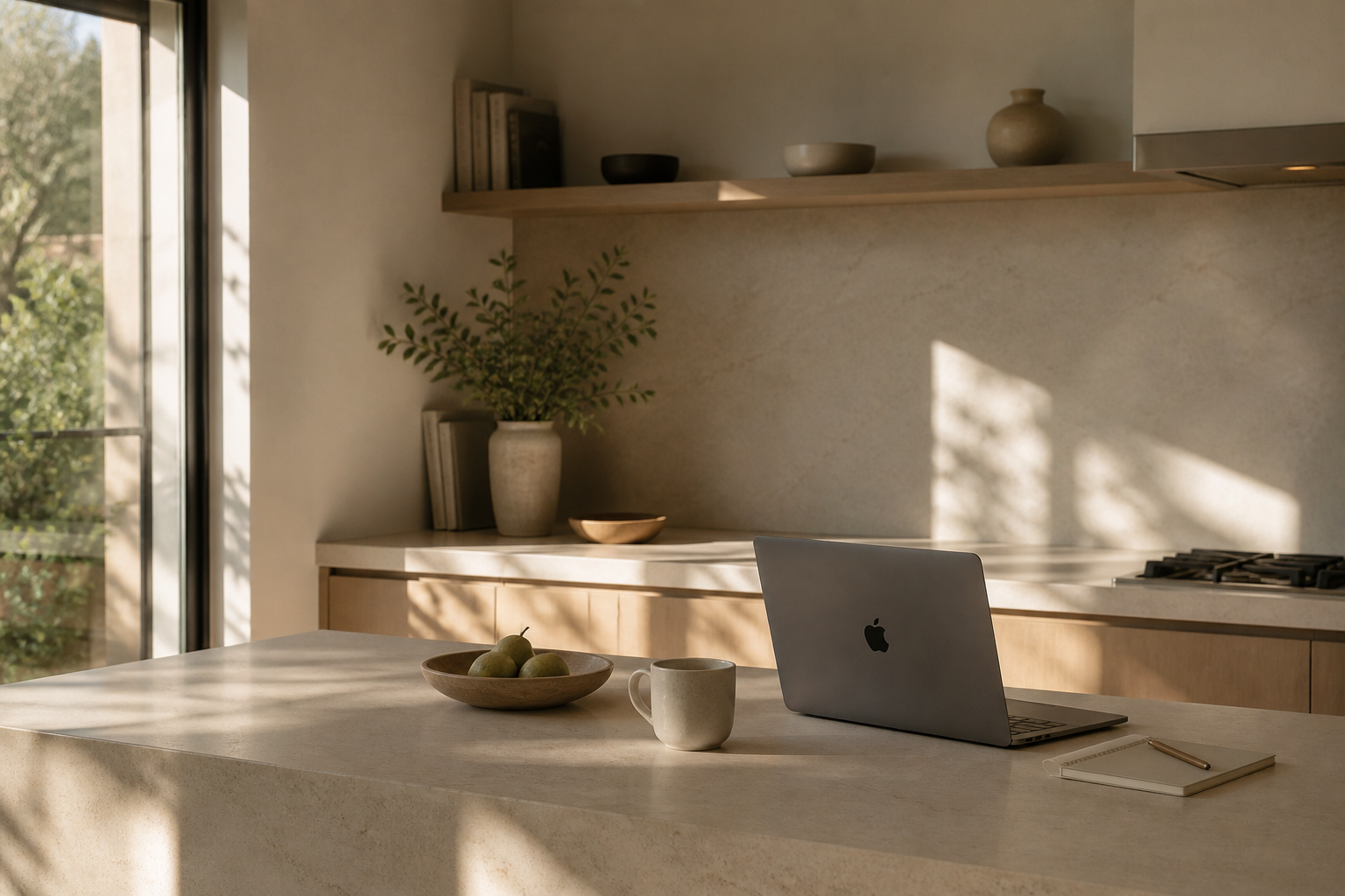 A laptop and notebook on a kitchen counter, Nadine B.'s early-morning workspace